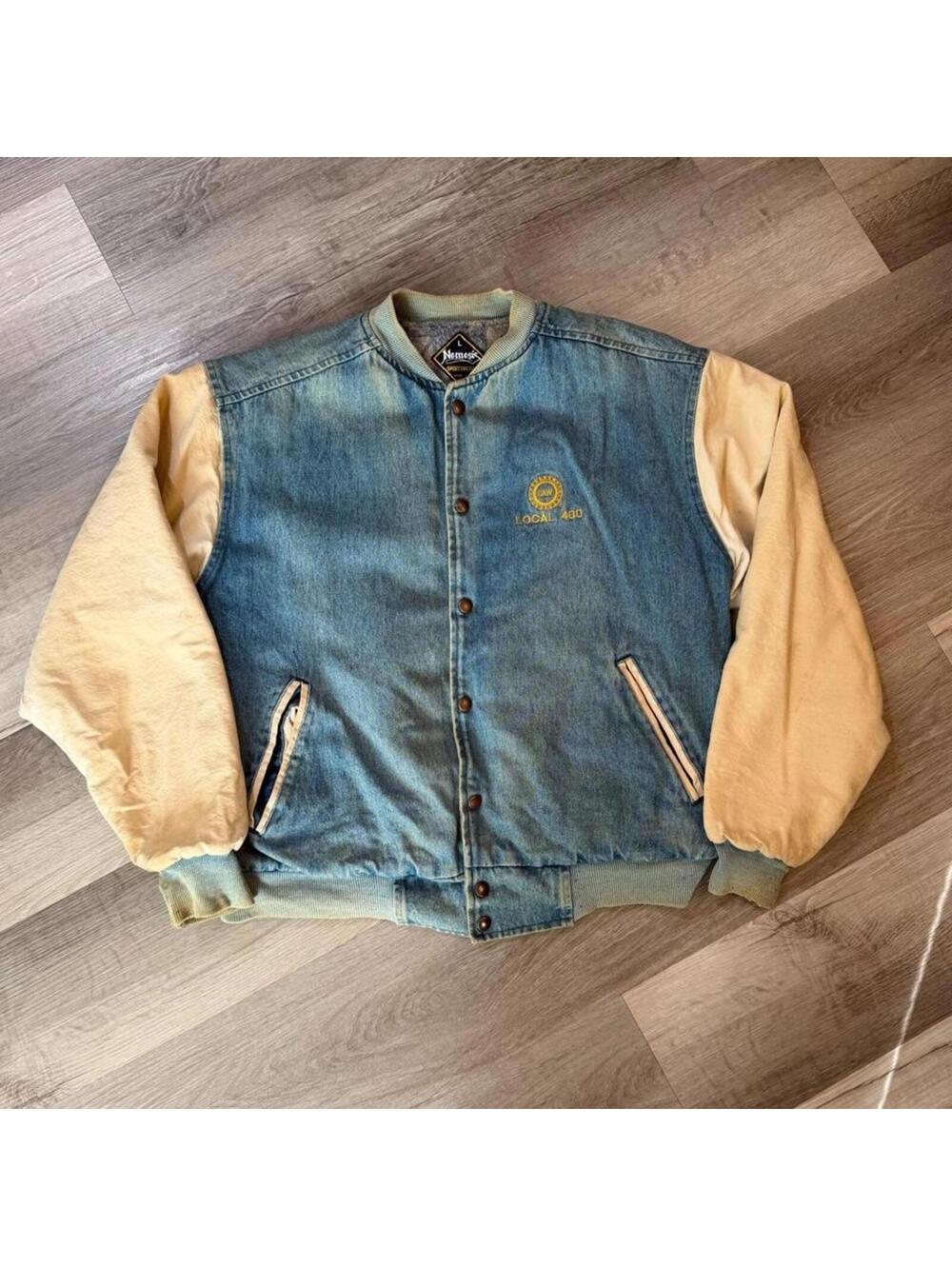 Nemesis blue denim varsity jacket  size Large with cream white sleeves